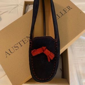 Austen Heller Navy Suede “Bennett” Loafers w/ Red Stitching, Tassel and Soles